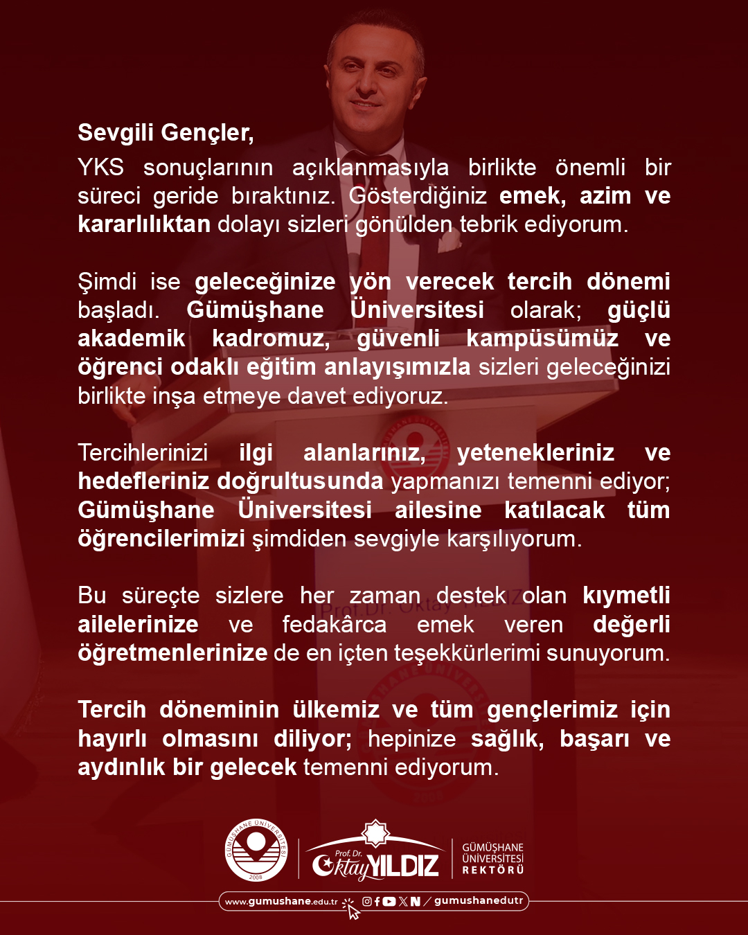 Rektörümüzden Tebrik Mesajı